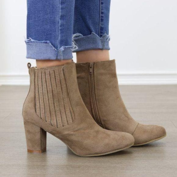 Vegan Suede Taupe Block Heel Ankle Bootie - Picture 6 of 6